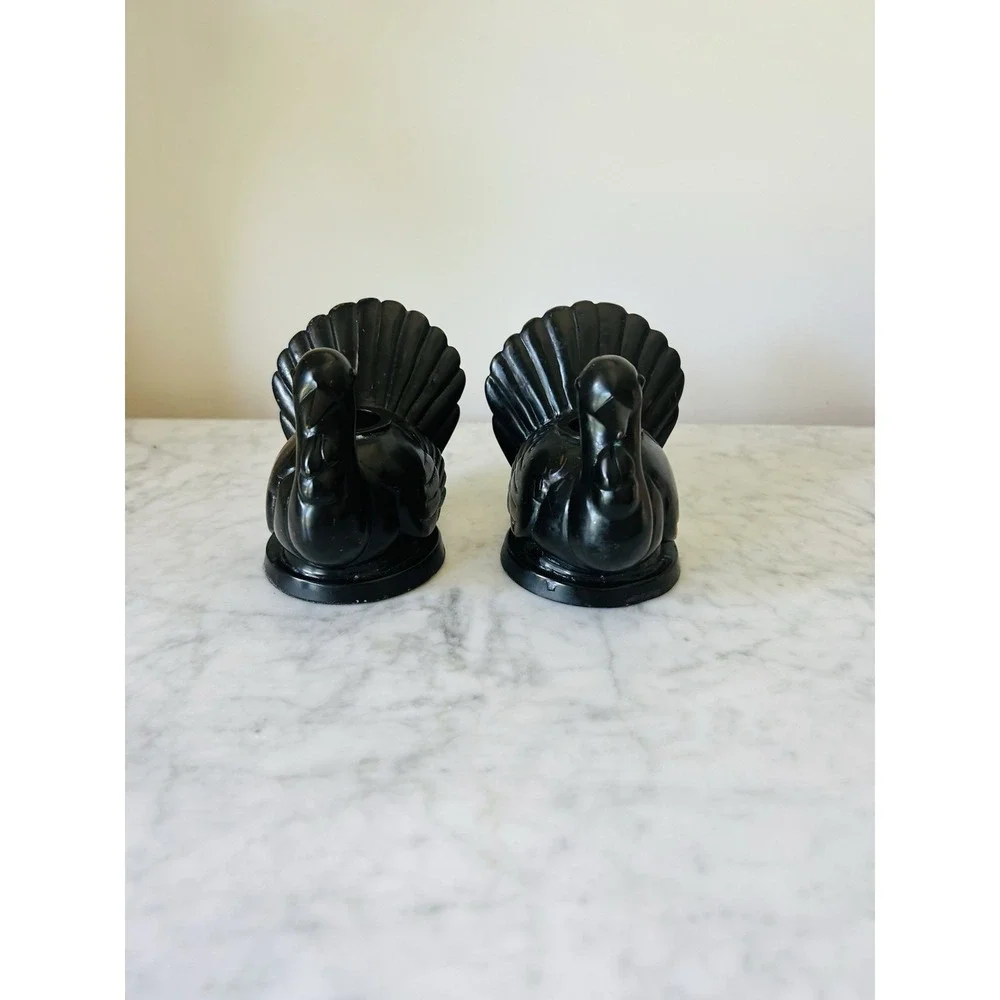 2 POTTERY BARN HEAVY BRONZE FIGURAL TURKEY TAPER CNDLE HOLDERS